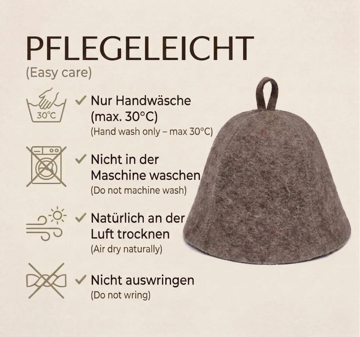 Ger3as Saunahut 100% Wollfilz mit Haken für Damen und Herren, Wellness Mütze Premium Qualität Filz S