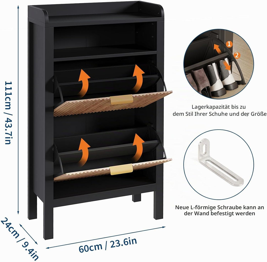 Garvee Schuhschrank mit 2 Klappschubladen, Schmaler, Geriffelter Schuhschrank mit Füssen, Freistehen