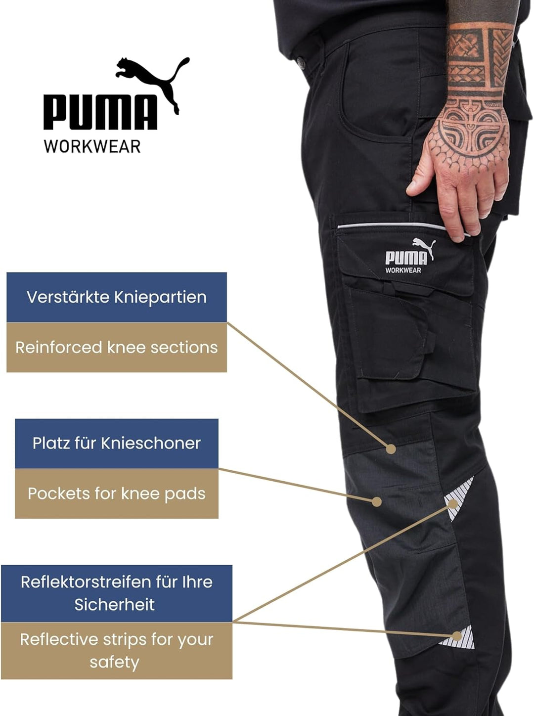 PUMA WORK WEAR Premium Arbeitshose mit vielen Taschen und extra verstärktem Nylon Gewebe 52 Schwarz/