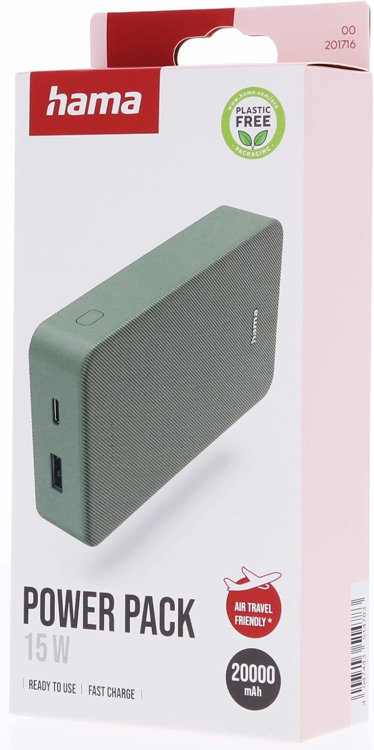 Hama Powerbank Colour 20 20000mAh (externer Akku mit 1x USB C + 1x USB A, Power Pack Zertifiziert, L