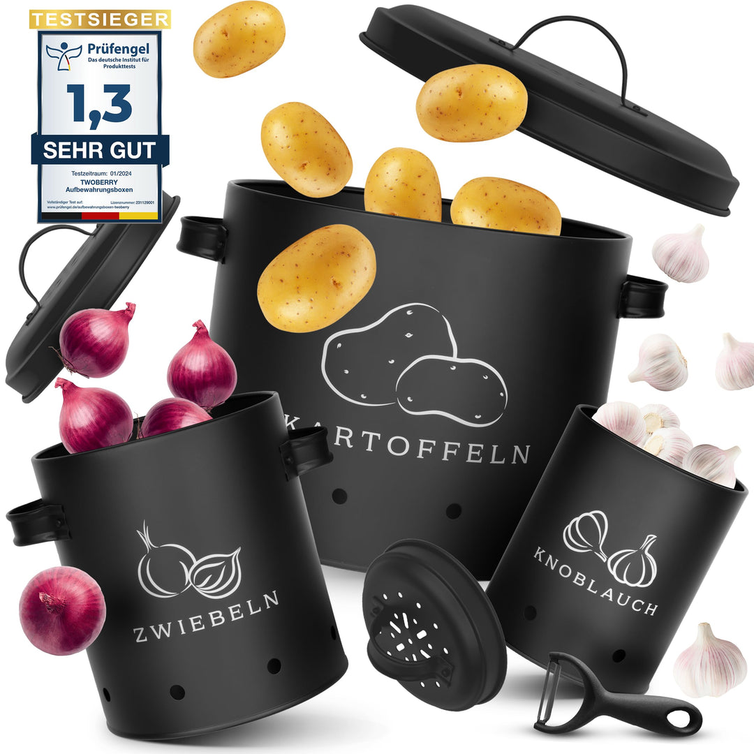 TWOBERRY Kartoffel Aufbewahrungsbox [3er Set] inkl. Sparschäler- längere Haltbarkeit durch 360° Luft