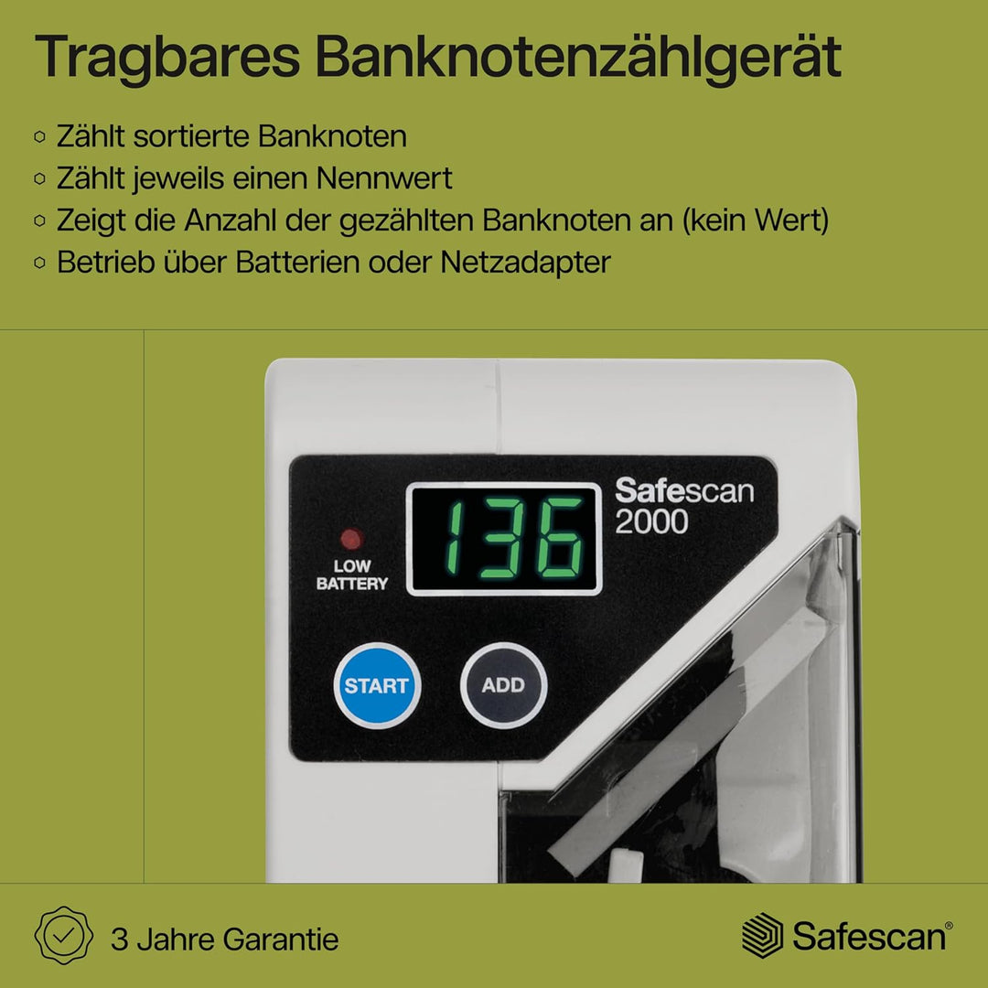 Safescan 2000 Tragbare Geldzählmaschine, zählt sortiert Geldscheine - Banknotenzähler für unterwegs