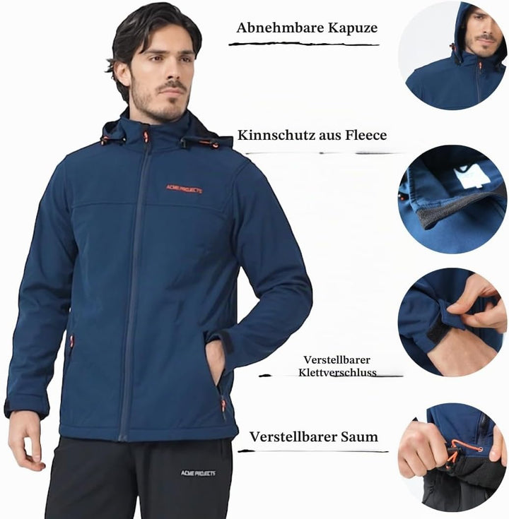 Acme Projects Mit Fleece gefütterte Softshell-Jacke für Herren mit Abnehmbarer Kapuze, wasserdicht,