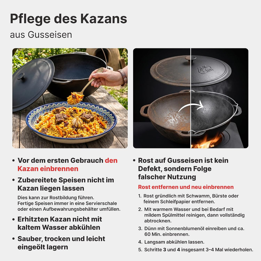 Premium Komplettset Uchag 2mm Stahl 15L Gusseisen Kazan Gusseisendeckel | Utschak Feldküche Feuerste