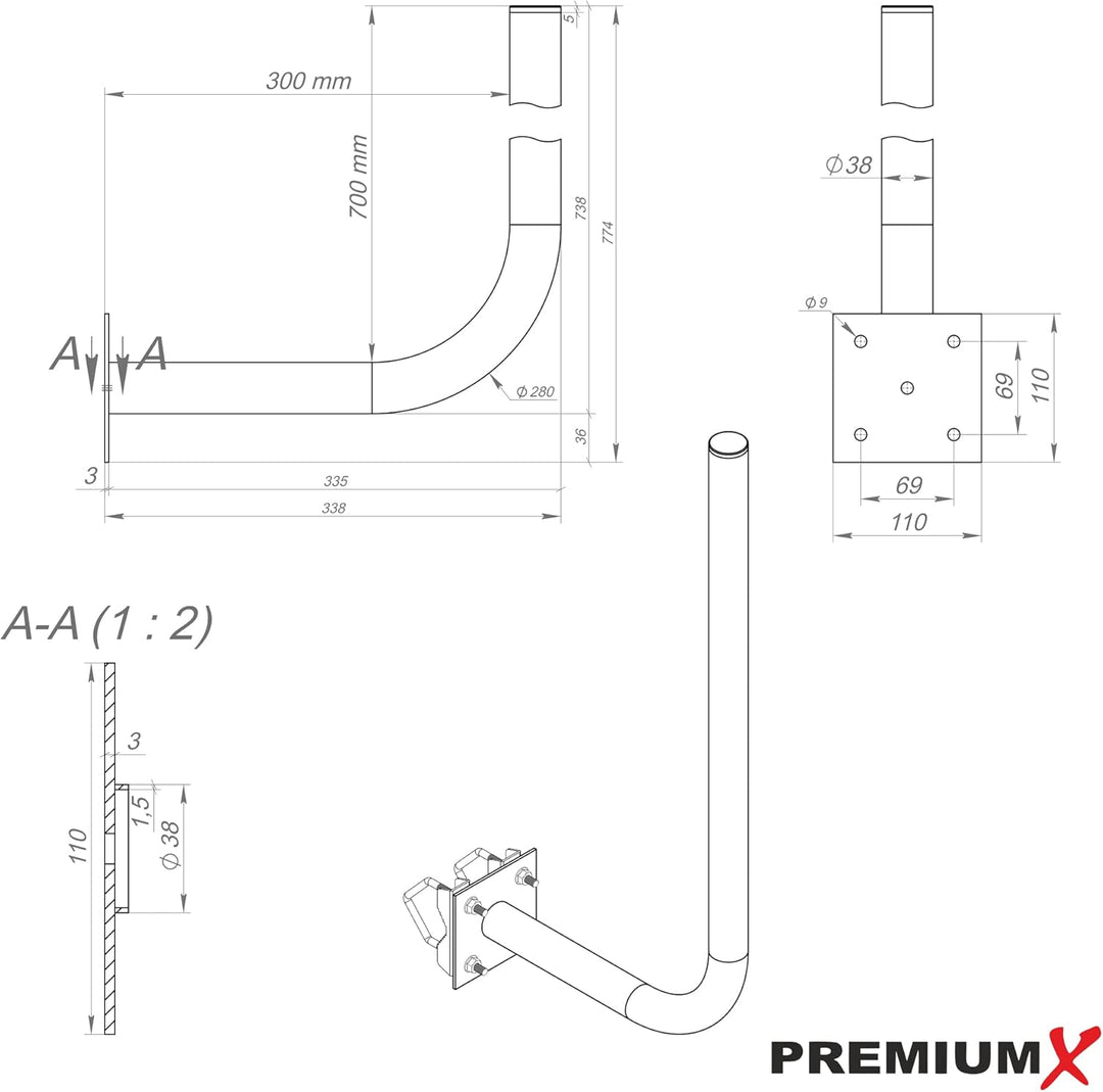 Premium X 30cm Wandhalter 70cm Mast Stahl Ø 38mm mit Zahnschellen Wetterstation Wand-Halterung extra