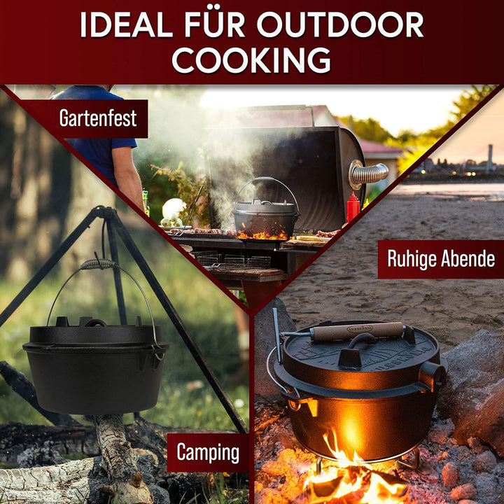 GUSSKÖNIG Dutch Oven Set [9L] ohne Füsse - Eingebrannter Feuertopf mit innovativem 2in1 Deckelheber,