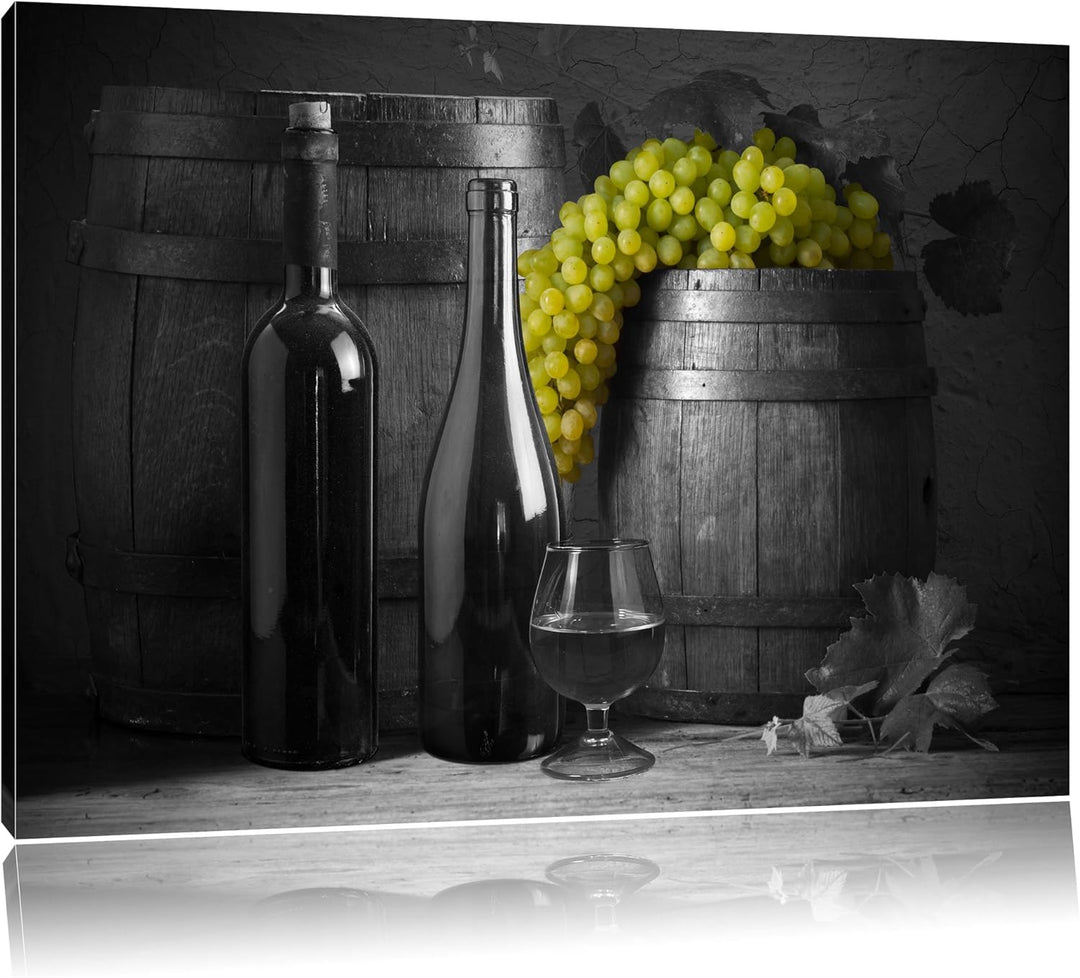 Pixxprint Fässer mit Weintrauben und Wein als Leinwandbild/Grösse: 100x70 cm/Wandbild/Kunstdruck/fer