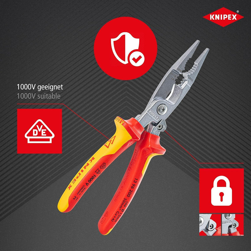 KNIPEX Elektro-Installationszange, VDE, Öffnungsfeder, Kabelschneiden, Abisolieren, Crimpen von Ader