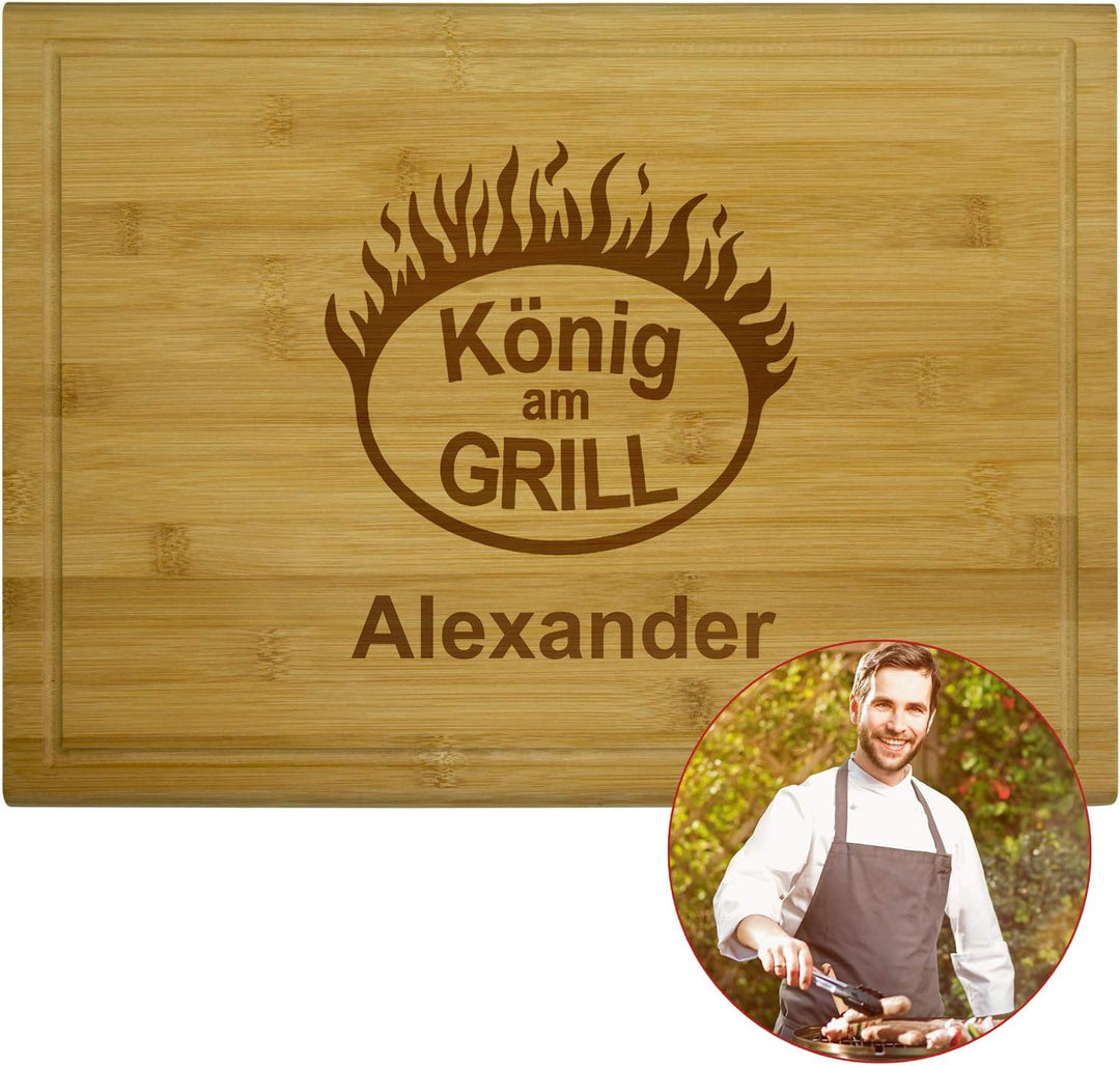Geschenke 24 Holzbrett – König am Grill mit Name Mittelgross 38 x 28 x 1,6 cm - Schneidebrett person