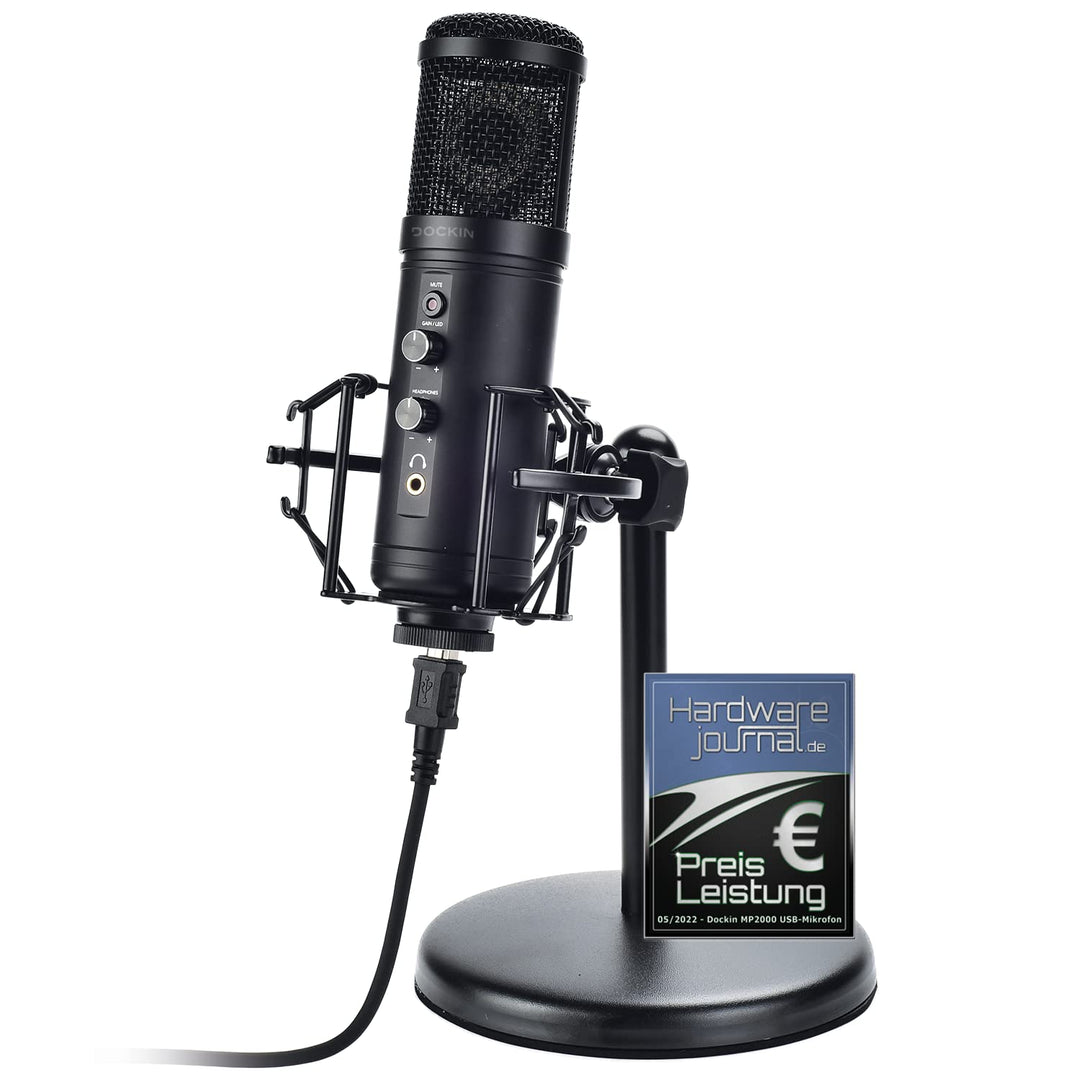 DOCKIN® MP2000 Studio USB Mikrofon für PC & Mac, Null Latenz Monitoring Standmikrofon mit schwerem S