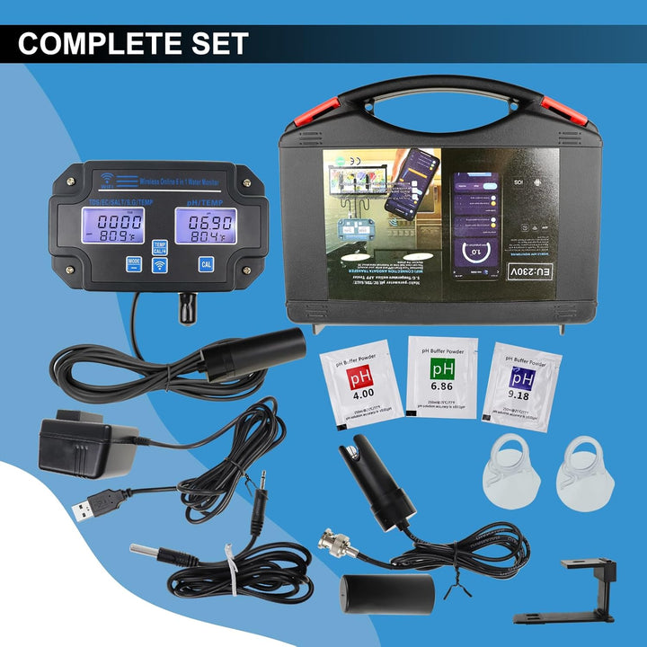 6-in-1 Smart Water Quality Tester – WiFi/App Monitor für pH, EC, TDS, Temp, SG & Salz Echtzeit-Alarm