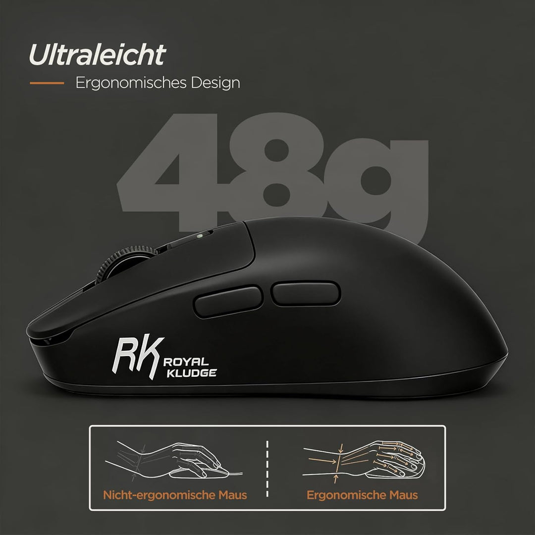 RK ROYAL KLUDGE RK MO3 Gaming Maus Kabellos 48g leichte PC Maus mit Bluetooth/2.4G/Kabel, 6000 DPI o