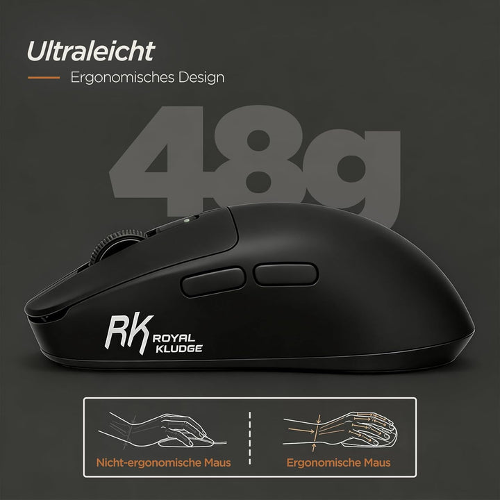 RK ROYAL KLUDGE RK MO3 Gaming Maus Kabellos 48g leichte PC Maus mit Bluetooth/2.4G/Kabel, 6000 DPI o