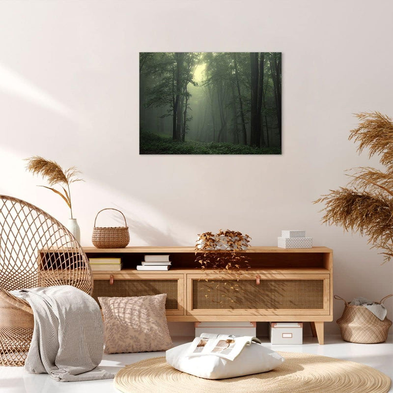 Bilder auf Leinwand Wald Nebel Baum Leinwandbild mit Rahmen 70x50cm Wandbilder Dekoration Wohnzimmer