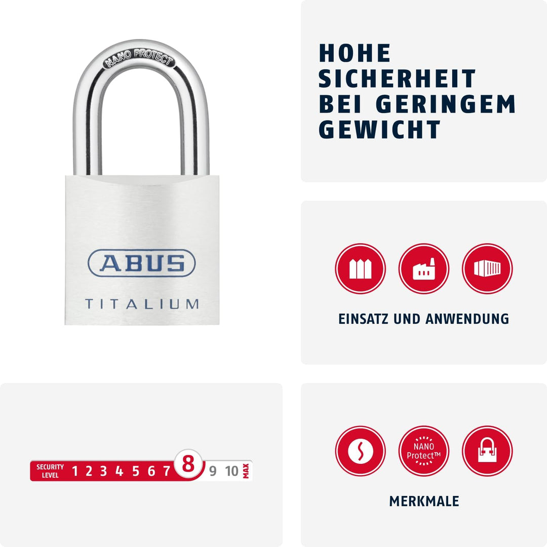 ABUS Titalium Vorhängeschloss 80TI/50 - Kellerschloss mit leichtem, massiven Schlosskörper aus Spezi