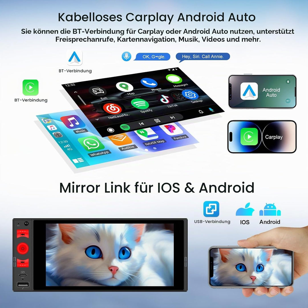 CAMECHO Autoradio 1 Din Wireless CarPlay mit 6 Zoll Bildschirm Android Auto Radio Touchscreen mit Bl