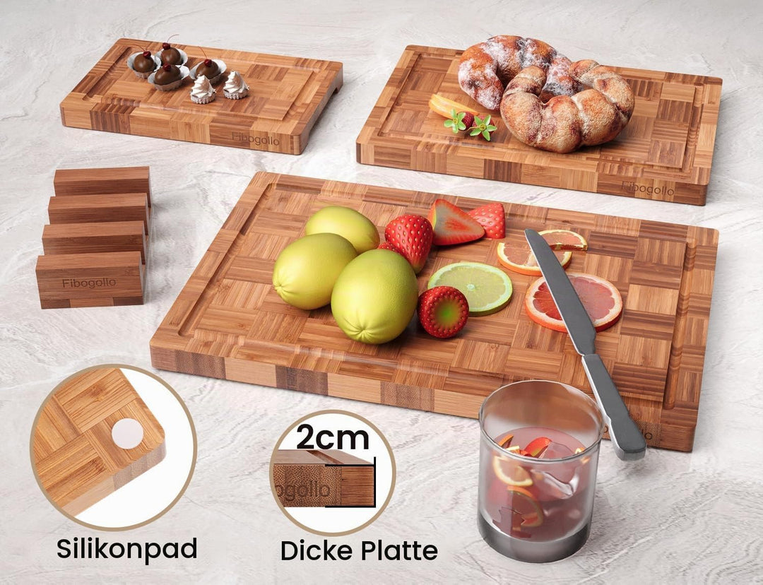 Fibogollo 3er Set Bambus Schneidebretter,2cm dicke Schneidebrett Küche mit Saftrille und Bracket,Bro