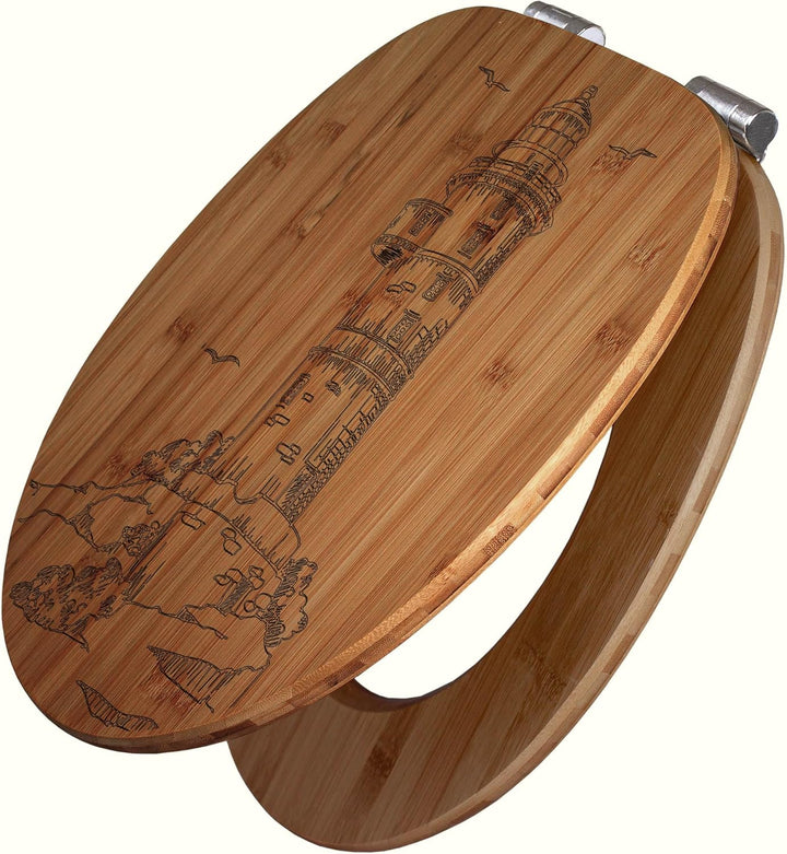 banjado® Hochwertig gravierter Design WC Sitz Bambus Absenkautomatik Leuchtturm 1 / Toilettendeckel