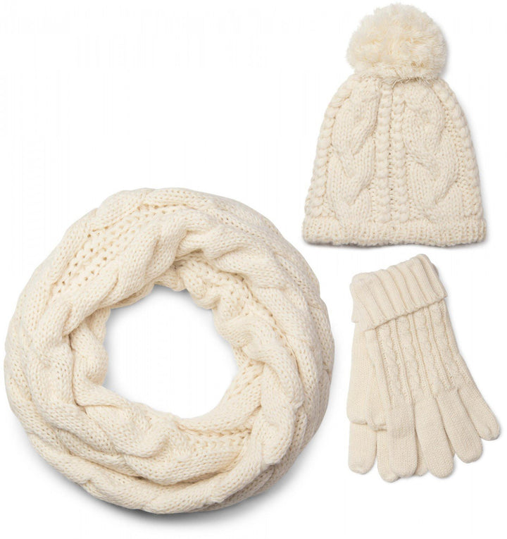 styleBREAKER Schal, Mütze und Handschuh Set, Zopfmuster Strickschal mit Bommelmütze und Handschuhe,
