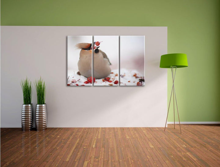 Pixxprint Kleiner Vogel im Schnee 3-Teiler Leinwandbild 120x80 Bild auf Leinwand