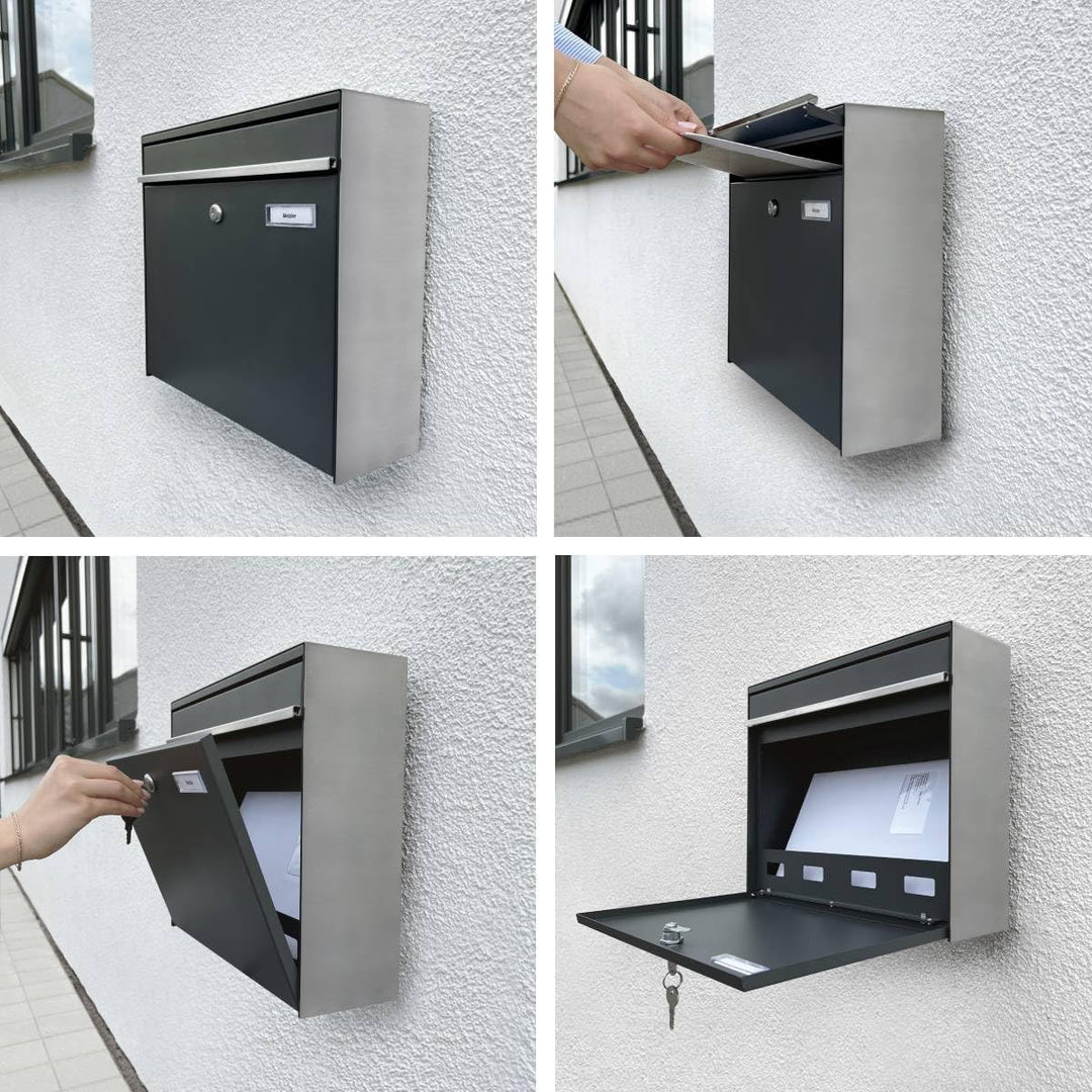 Metzler XXL dreifach Briefkasten für 3er Familienhaus aus massivem Stahl in Anthrazit RAL 7016 - mit