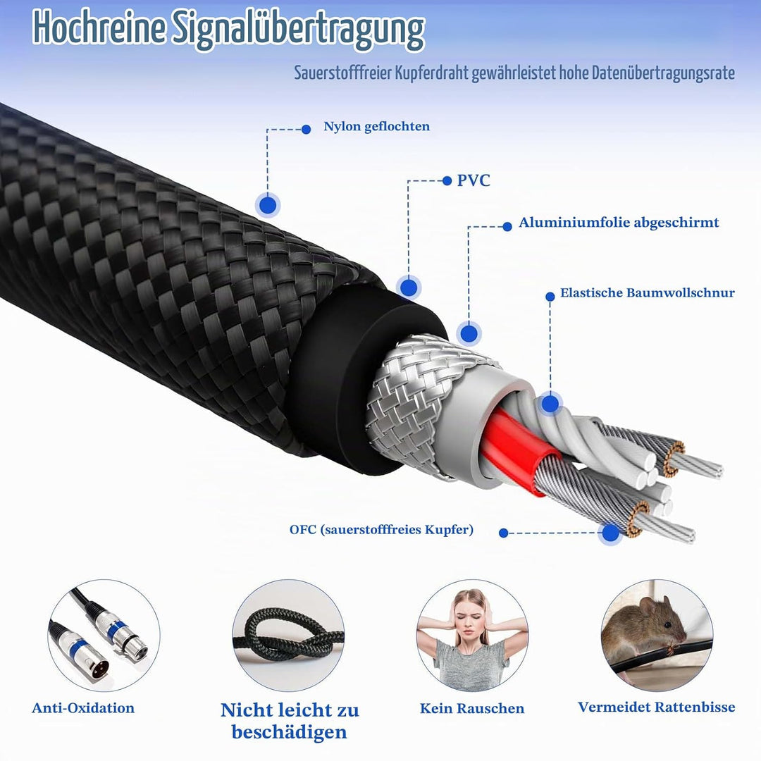 XLR Mikrofonkabel, Nylongeflecht Premium Symmetrisches XLR Kabel, 3 Pin DMX Microphone Connection Ca