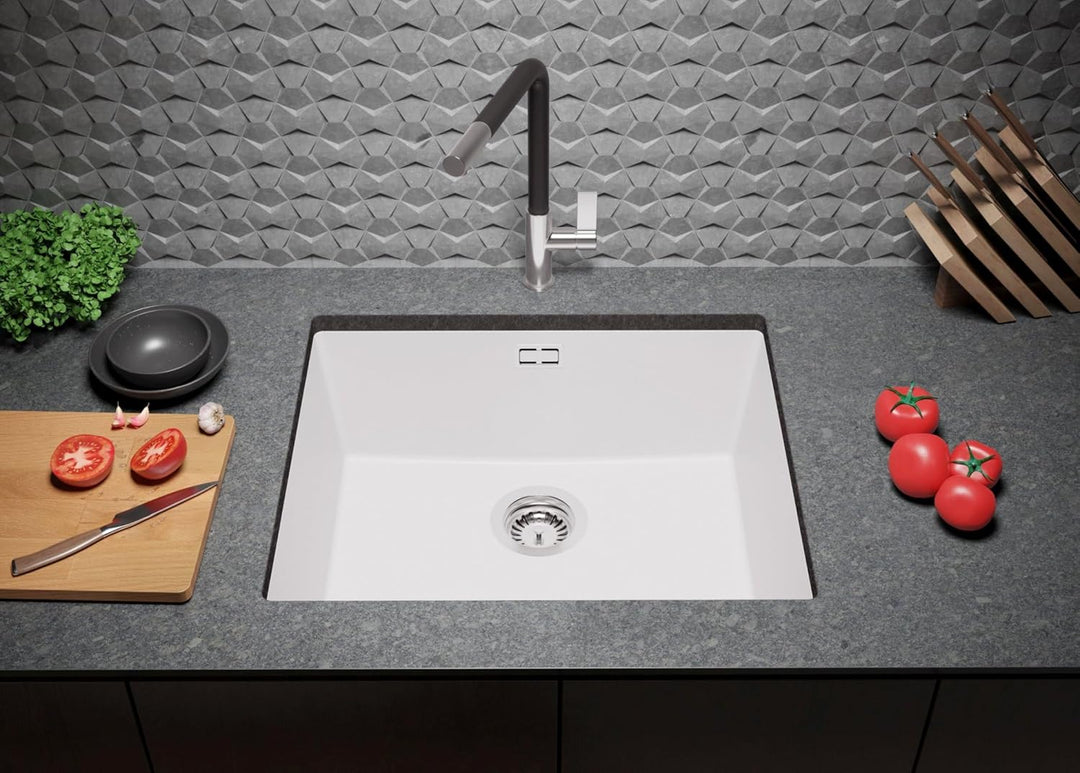 Unterbauspüle Weiss 56 x 47 cm, Granitspüle + Siphon Klassisch + Küchenarmatur, Spülbecken ab 60er U