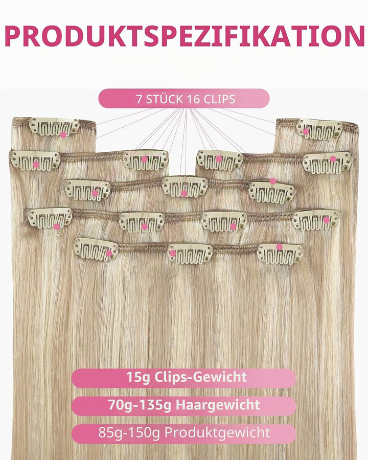 YoungSee Echthaar Extensions Clip Blond Doppelt Tressen Clip in Extensions Echthaar Aschblond mit Pl