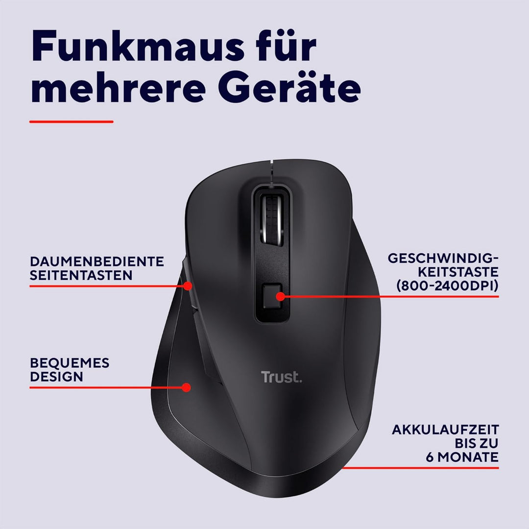 Trust Fyda Aufladbare Kabellose Maus Bluetooth + 2.4GHz, Ergonomische Daumenauflage, 50% Recyclingku