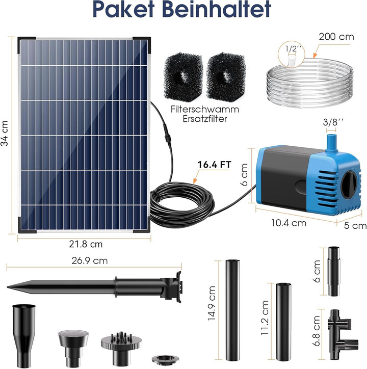 Biling Solar Springbrunnen für Aussen, 12W 605L/H Leise Teichpumpe Solar mit 4 Düsen und Schlauch, S