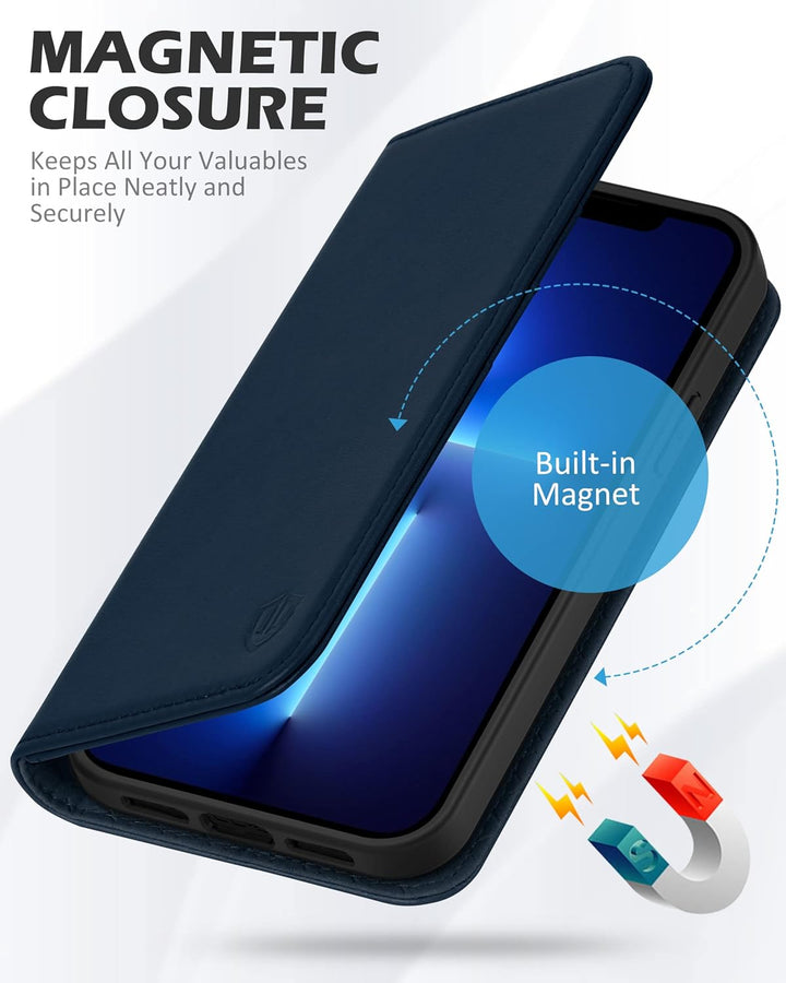 SHIELDON Hülle für iPhone 13 Pro Max, Schuzhülle [Echtleder] [Kartenfach] [Verdichtes TPU] Magnetisc