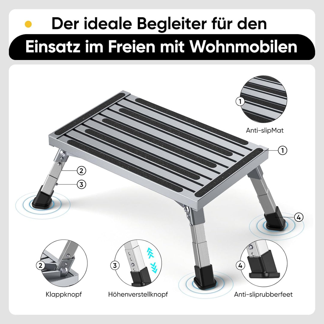 Aluminium Tritthocker Klappbar mit 350 kg Traglast &amp; 4-stufige Höhenverstellung18-24 cm, Klappbar Ru