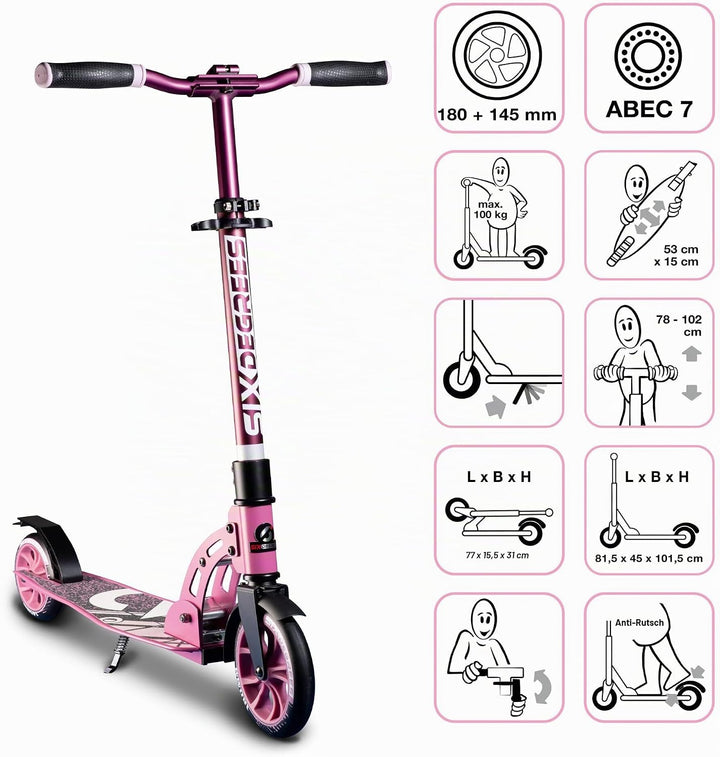 SIX DEGREES Aluminium Scooter Junior mit Klappmechanismus u. Ständer, 180/145 mm, höhenverstellbar,