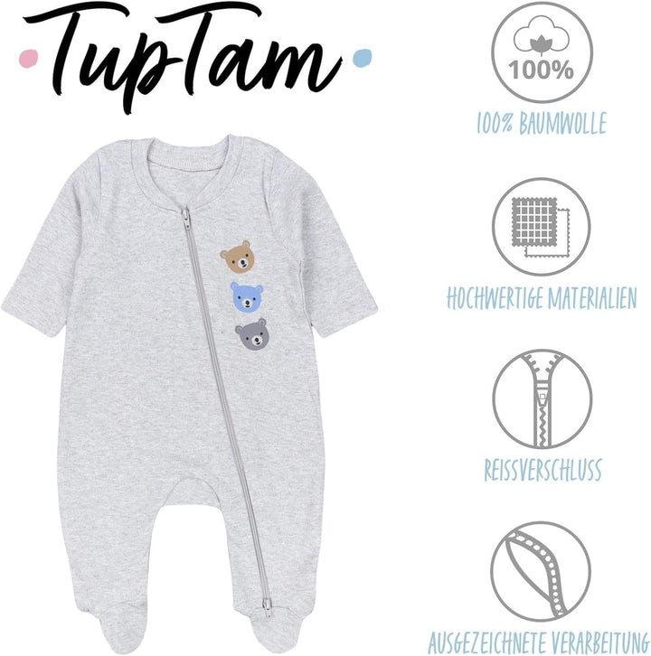 TupTam Unisex Schlafstrampler 3er Pack Baumwolle mit Reissverschluss 56 Bären Hellblau Beige Grau, 5