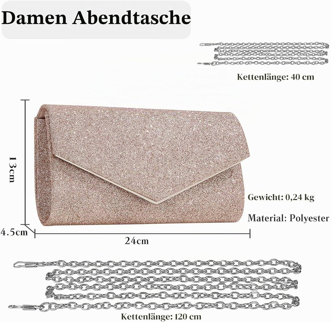 CORIOS Abendtasche Damen Kette Clutch Bag Glitzer Henkeltasche Hochzeit Brautbörse Glänzend Schulter