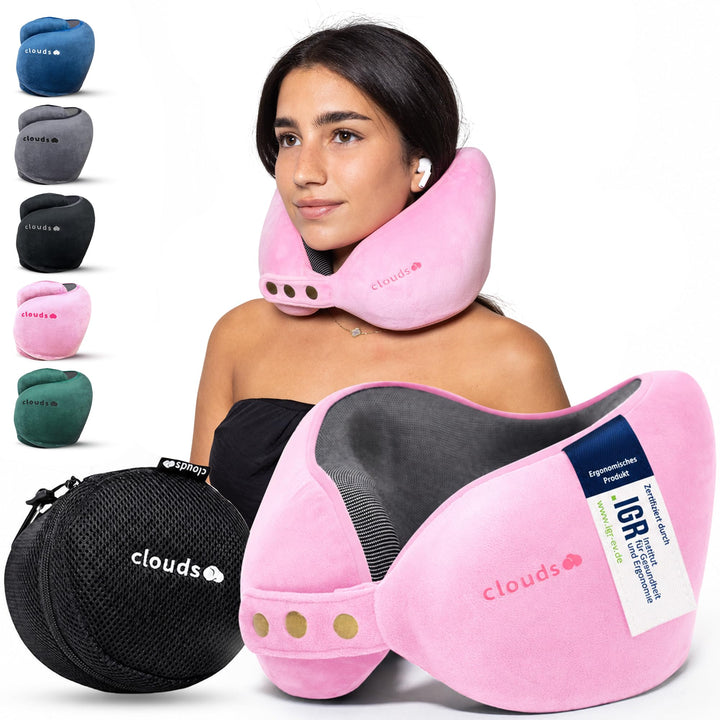 CLOUDS Nackenkissen Flugzeug &amp; Auto – Einstellbares Memory Foam Reisekissen in 2 Grössen für Erwachs