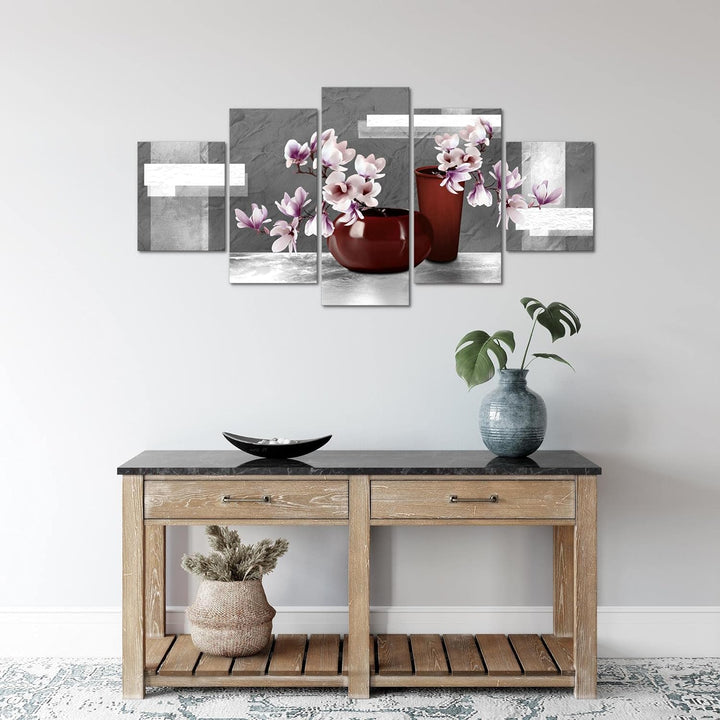 Runa Art Wandbilder Blumen Abstrakt 5 Teilig Bild auf Vlies Leinwand Deko Wohnzimmer Blumenvase Grau