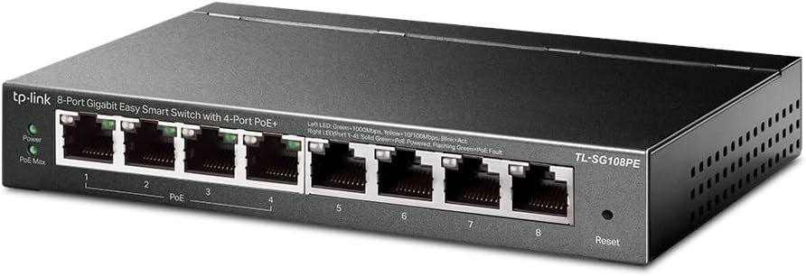 TP-Link TL-SG108PE Managed PoE Switch, 8 Port Gigabit Network Switch mit 4 PoE+ Ports (64 W, 802.3af