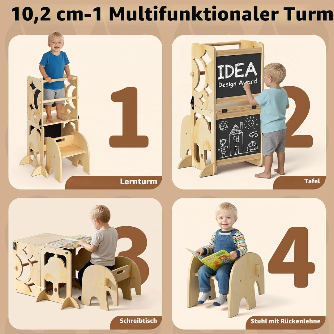 COSYLAND 4-in-1 Kleinkind-Küchenhocker-Helfer mit Sicherheitsschiene – Faltbarer Kleinkind-Stehturm