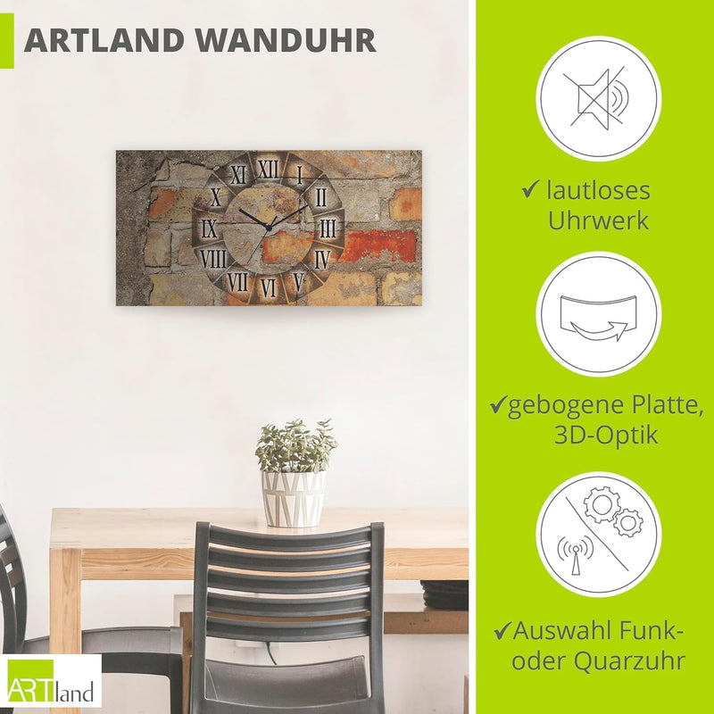 ARTLAND Wanduhr ohne Tickgeräusche Alu Quarzuhr 50x25 cm Rechteckig Lautlos Römische Ziffern Zahlen