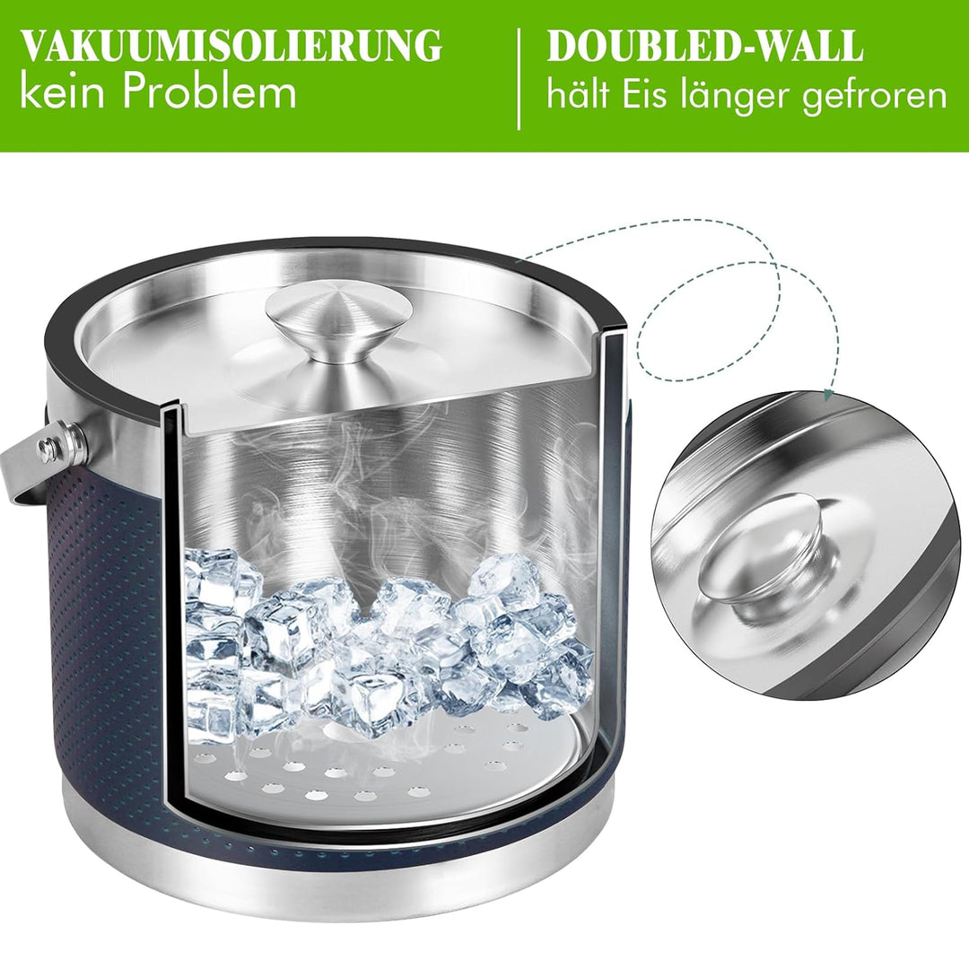 3.2L Eiswürfelbehälter mit Deckel und Schaufel, Upgrade Lederdesign Edelstahl Eiskübel, Doppelwandig