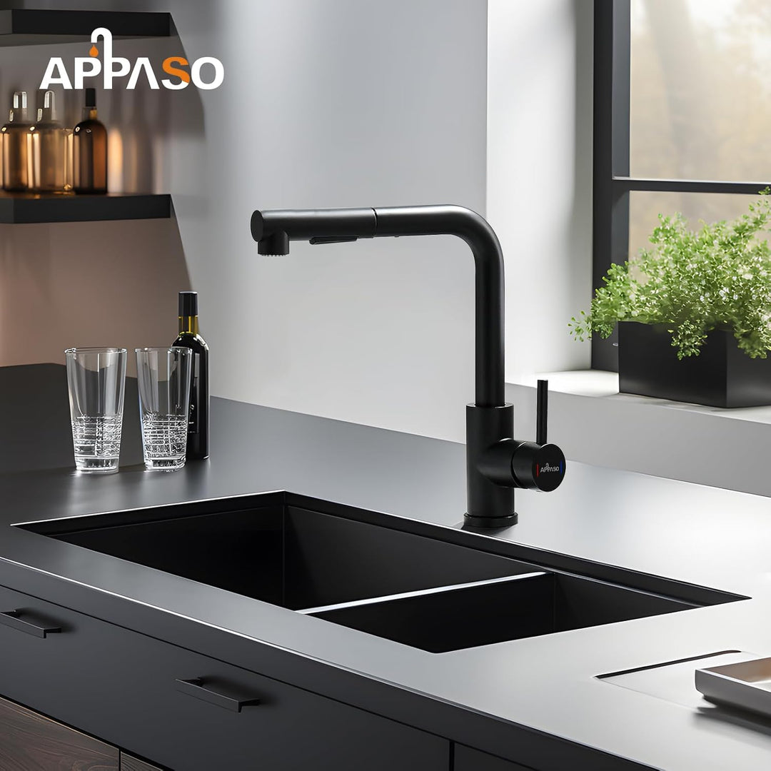 Niederdruck Armatur Küche Schwarz APPASO, Wasserhahn Küche 3 Anschlüsse, Niederdruck Küchenarmatur A