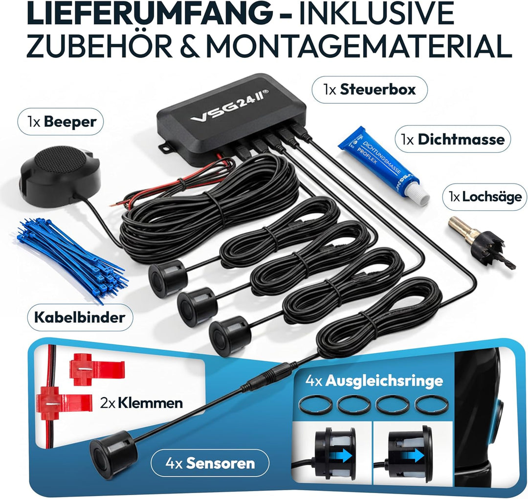 VSG24 Premium Einparkhilfe hinten zum nachrüsten am Auto, PDC Parksensoren hinten mit Stecksystem fü