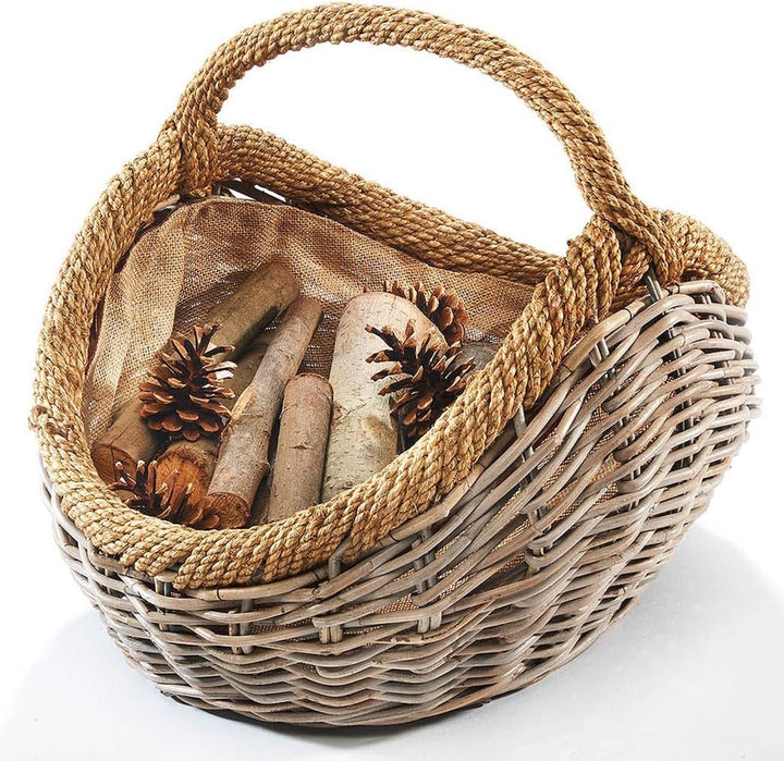 Kobolo Kaminholzkorb Holztrage Holzkorb für Kaminholz -Rattan- mit abnehmbarem Stoff aus Jute