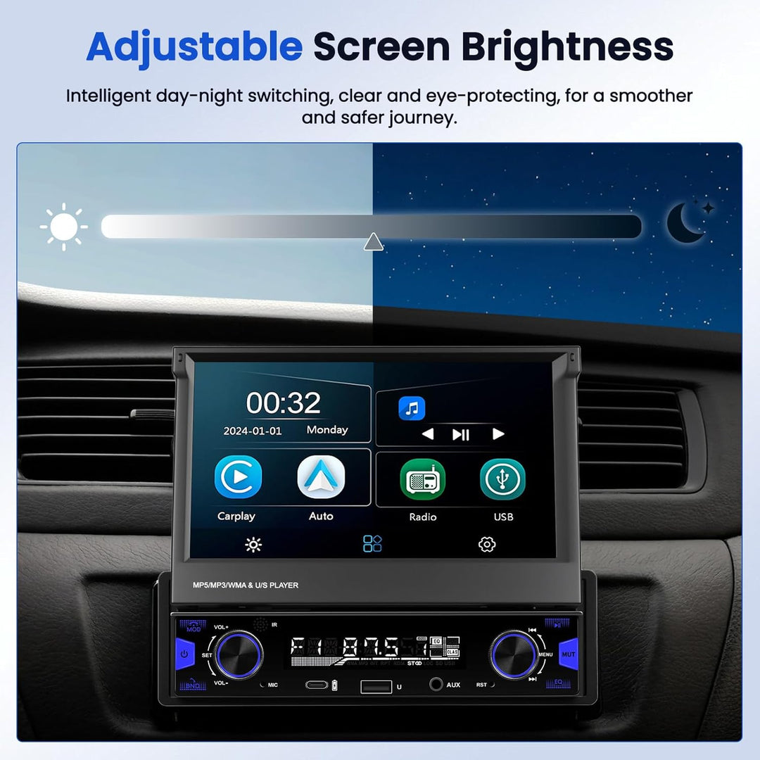 Hikity 1 Din Autoradio mit 7” IPS Manuell Einziehbarer Touchscreen Wireless Carplay Andriod Auto FM