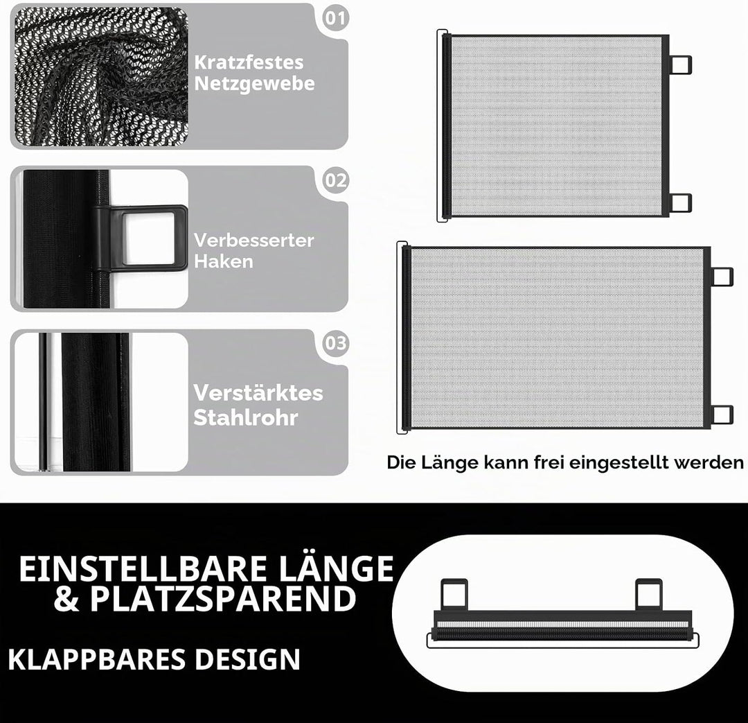Treppenschutzgitter Ausziehbar, mit verstellbarem Schloss &amp; unterer Klemme gegen Unterkriechen. Univ