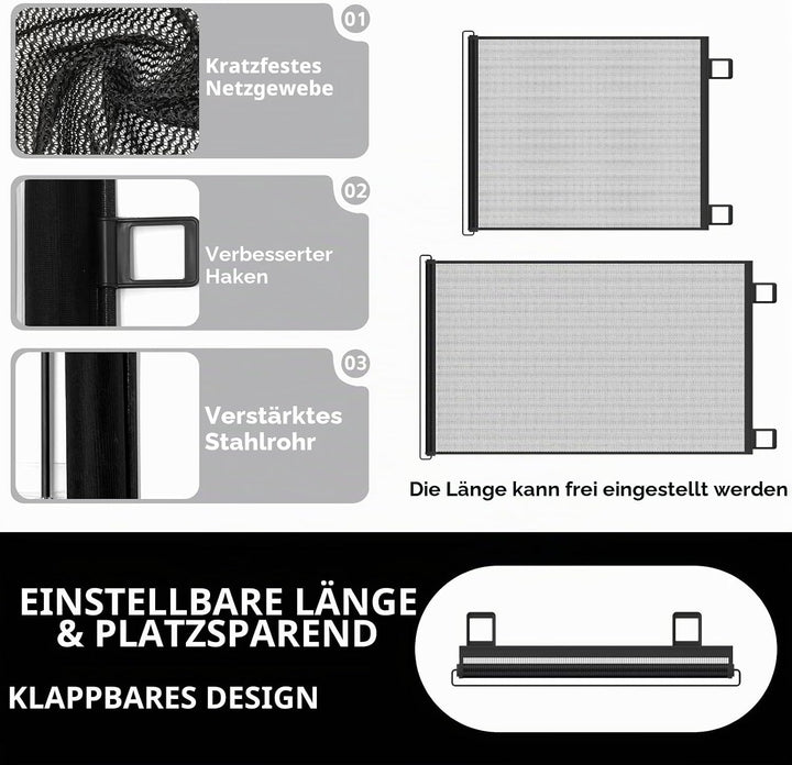 Treppenschutzgitter Ausziehbar, mit verstellbarem Schloss &amp; unterer Klemme gegen Unterkriechen. Univ