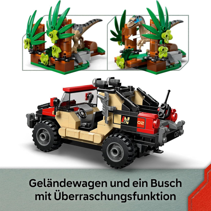 LEGO Jurassic World Raptor: Verfolgungsjagd mit dem Geländewagen – 2 Dinosaurier Figuren, Auto, 2 Mi
