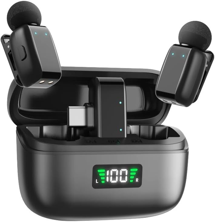 KO-Star Kabelloses Ansteckmikrofon M-250 (2er-Set mit Ladecase, USB-C Empfänger) – Funkmikrofon Hand