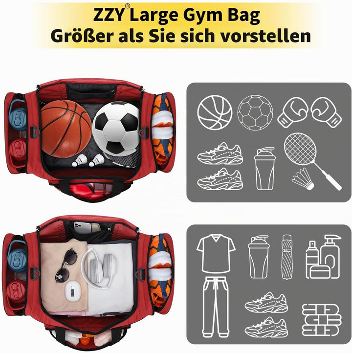 ZZY 55L Sporttasche Herren mit 2 Seitentaschen grosse Reisetasche für Fitness, Training und Reisen 5